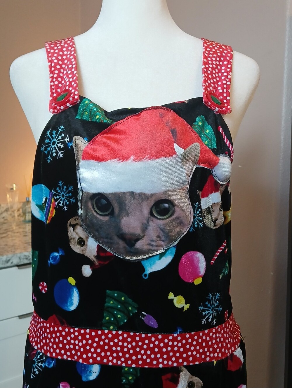 NWOT Christmas Cat Velour Jumpsuit Overalls Lrg Love On A Hanger Santa Hat Stars - Picture 4 of 11